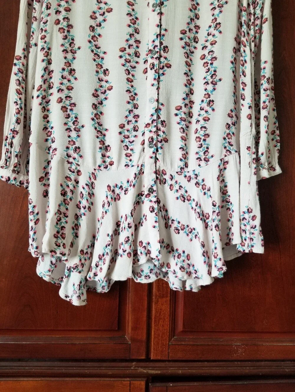 Free People Slubby Crinkle Drop Waist Floral Button Up Shirt Dress Size M